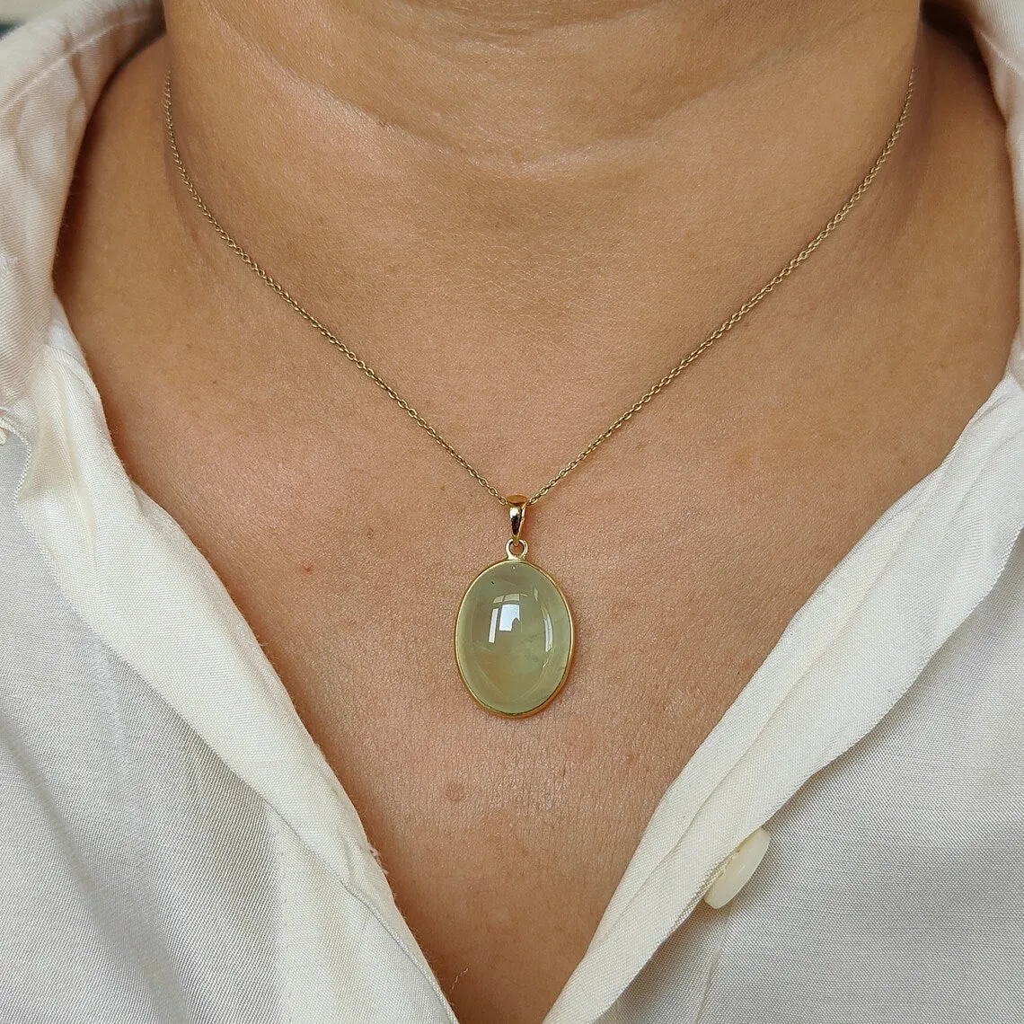 Natural Oval Cut Prehnite Simple Bezel Set Pendant - 14k Gold Vermeil Pendant