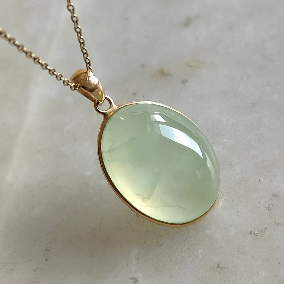 Natural Oval Cut Prehnite Simple Bezel Set Pendant - 14k Gold Vermeil Pendant