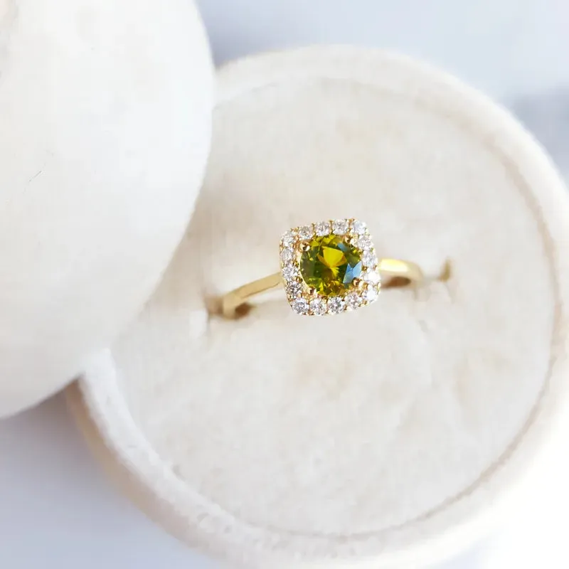 Natural Round Cut Peridot Unique Halo Engagement Rings - 14k Gold Vermeil Rings