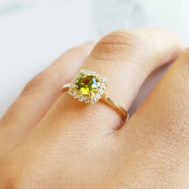 Natural Round Cut Peridot Unique Halo Engagement Rings - 14k Gold Vermeil Rings