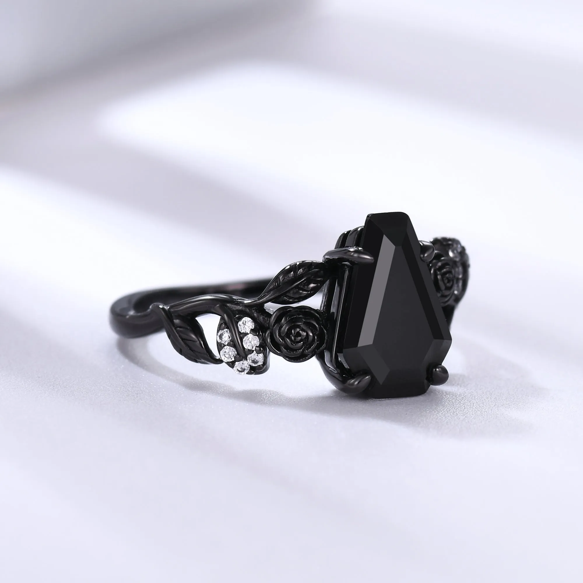 Nature Inspired Black Onyx Coffin Gothic Engagement Ring Unique Black Gold Flower