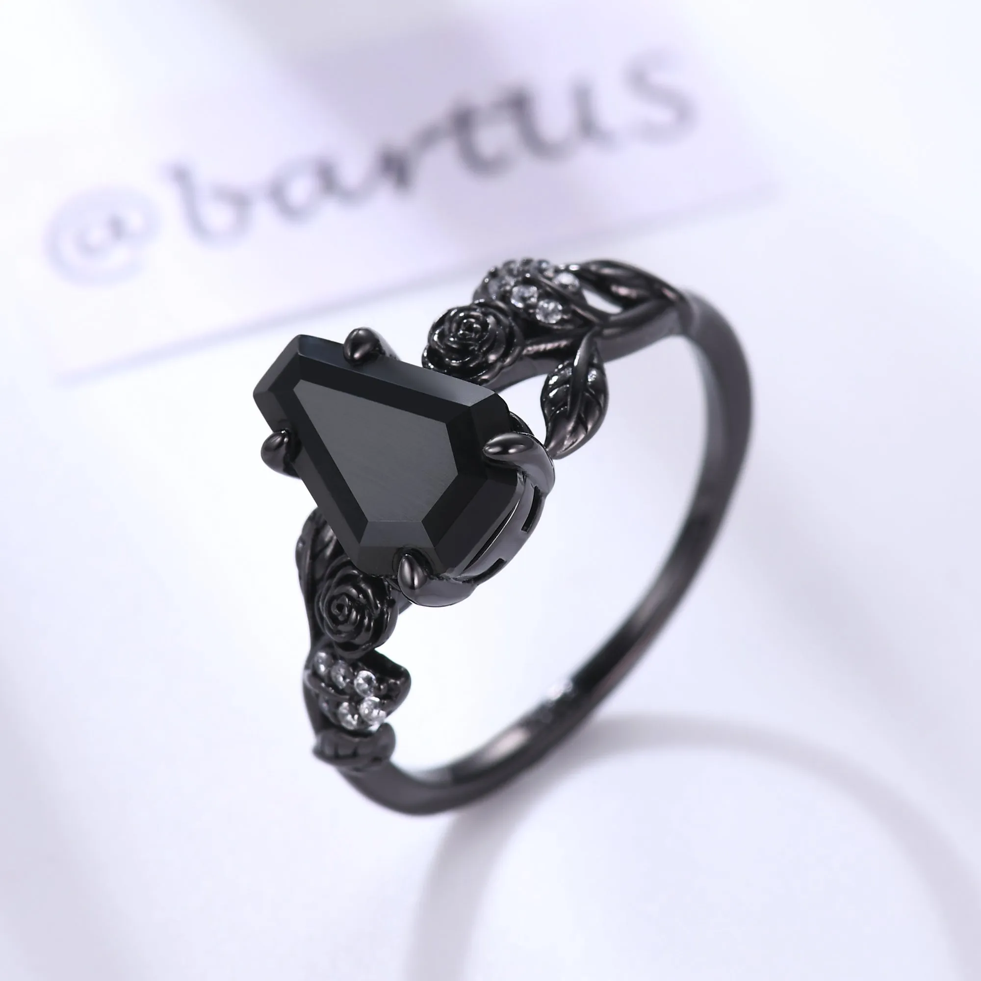 Nature Inspired Black Onyx Coffin Gothic Engagement Ring Unique Black Gold Flower