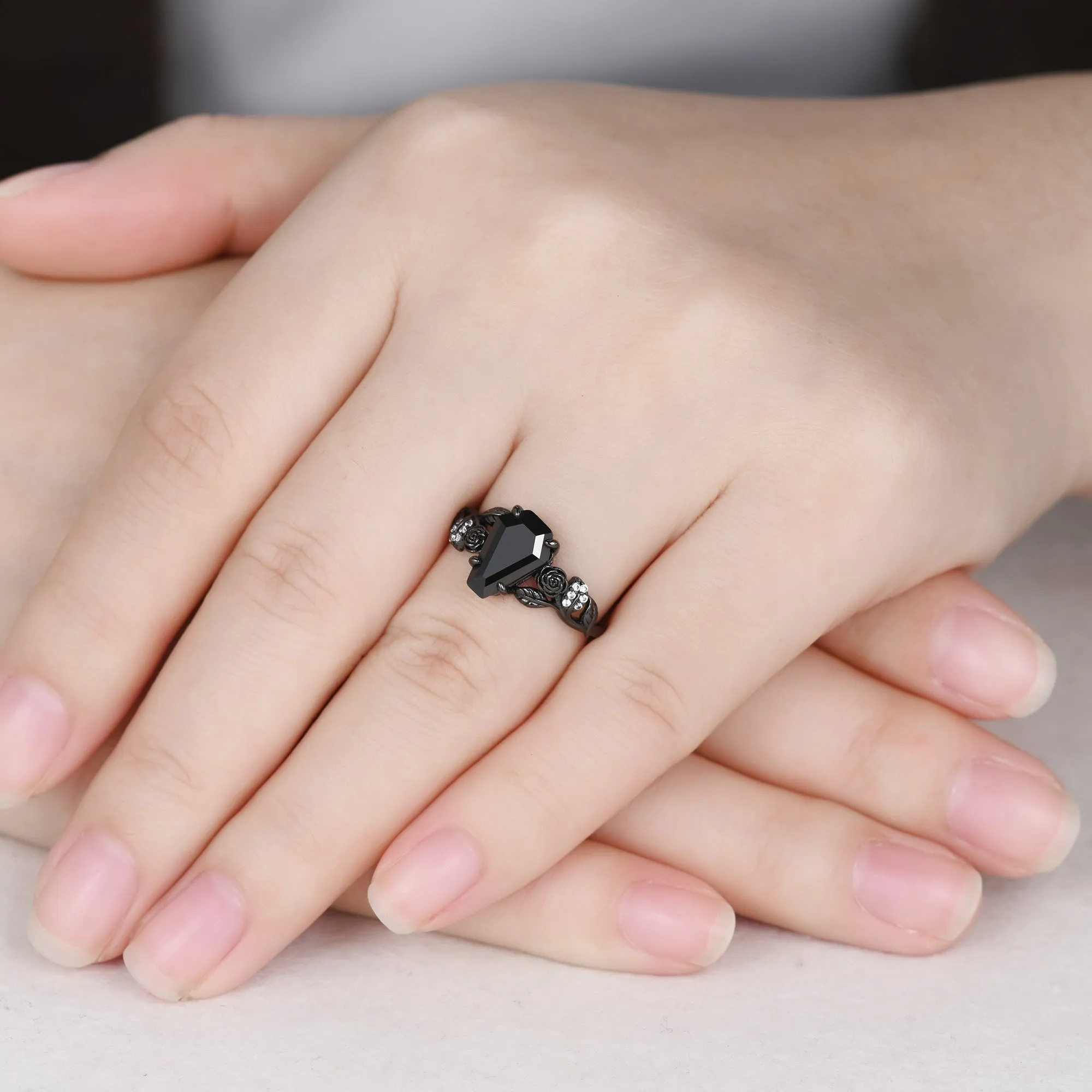 Nature Inspired Black Onyx Coffin Gothic Engagement Ring Unique Black Gold Flower