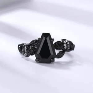 Nature Inspired Black Onyx Coffin Gothic Engagement Ring Unique Black Gold Flower