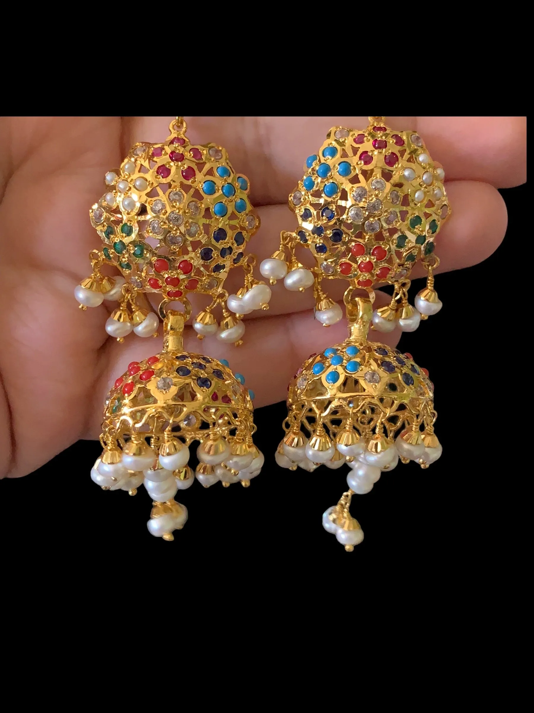 Navratan gold plated silver jhumka earrings ( READY TO SHIP )