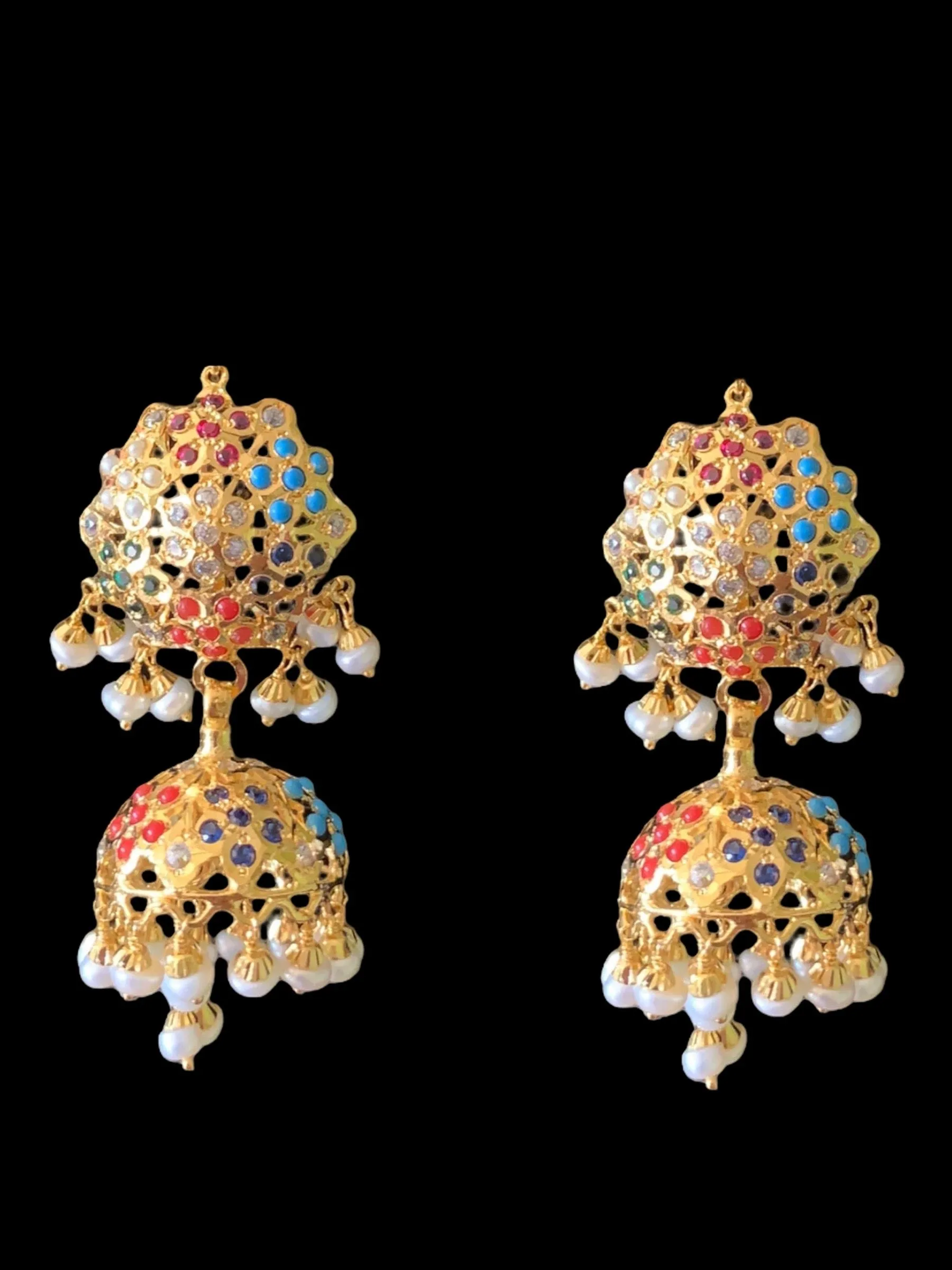 Navratan gold plated silver jhumka earrings ( READY TO SHIP )