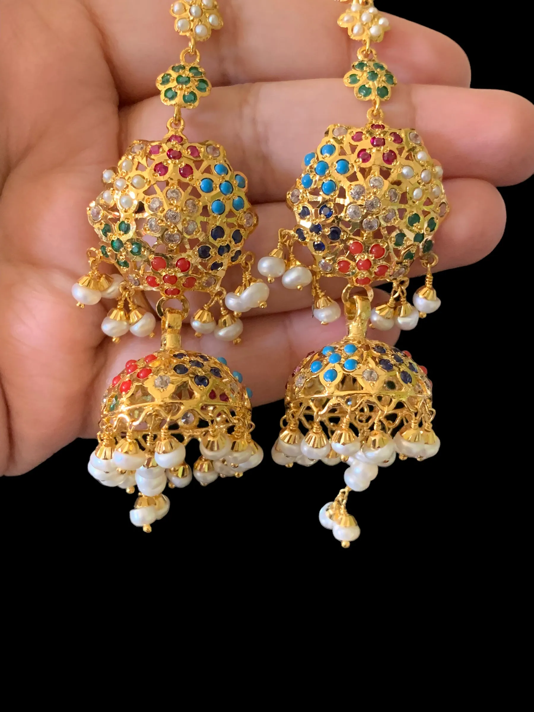 Navratan gold plated silver jhumka earrings