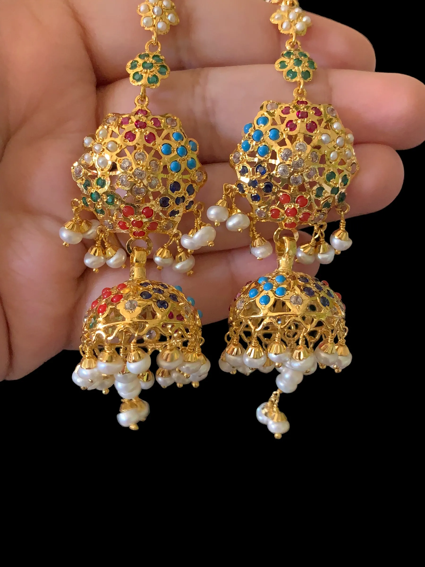 Navratan gold plated silver jhumka earrings