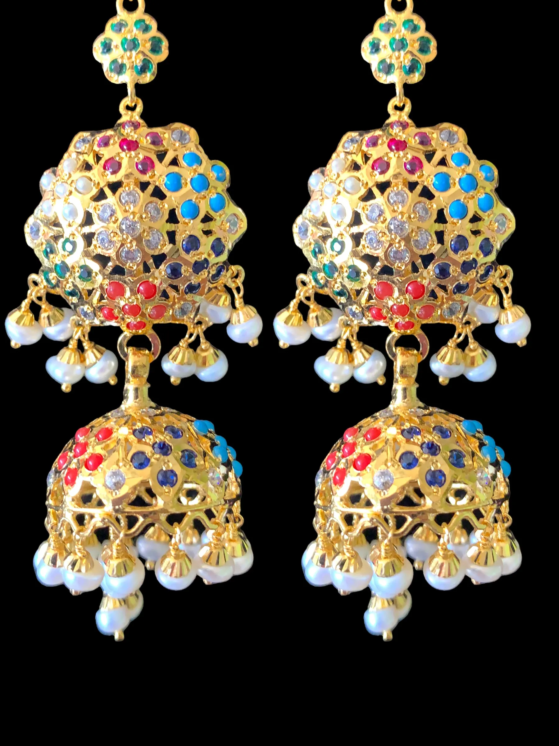 Navratan gold plated silver jhumka earrings