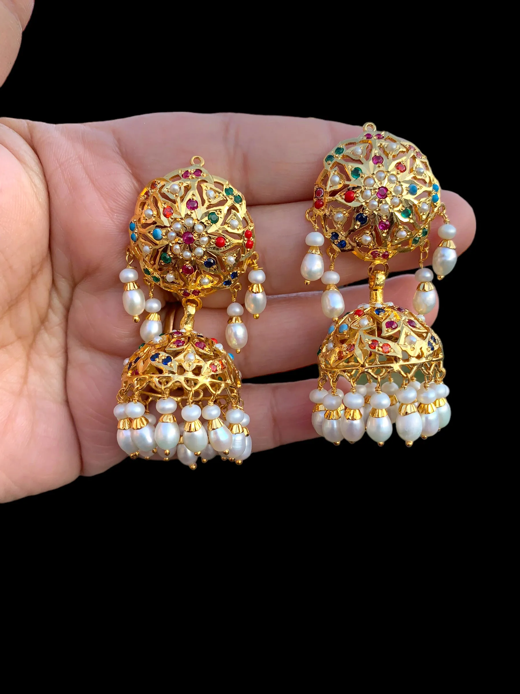 Navratan gold plated silver jhumka ( READY TO SHIP )