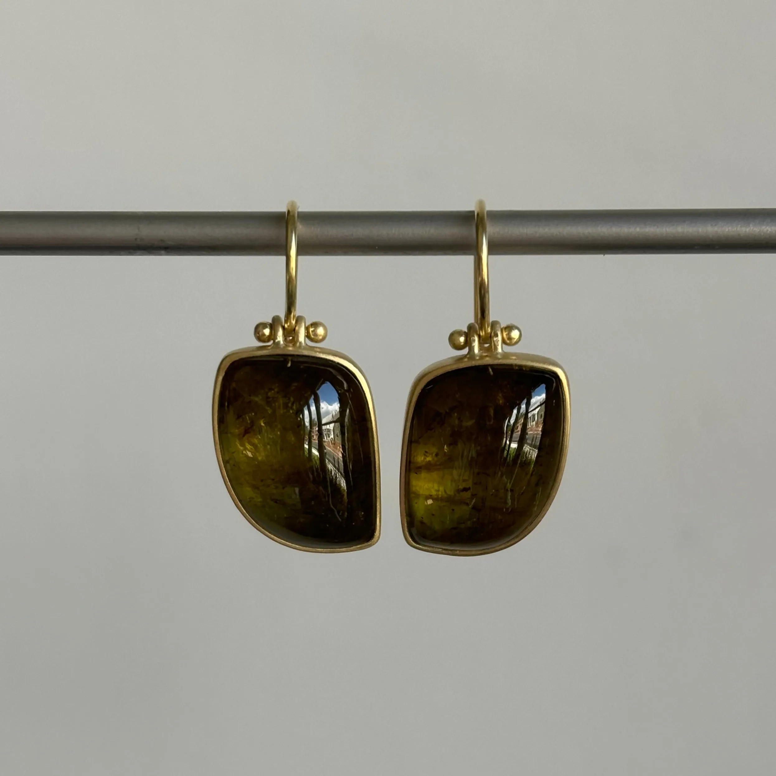 Olive Tourmaline Leaf Cabochon Earrings