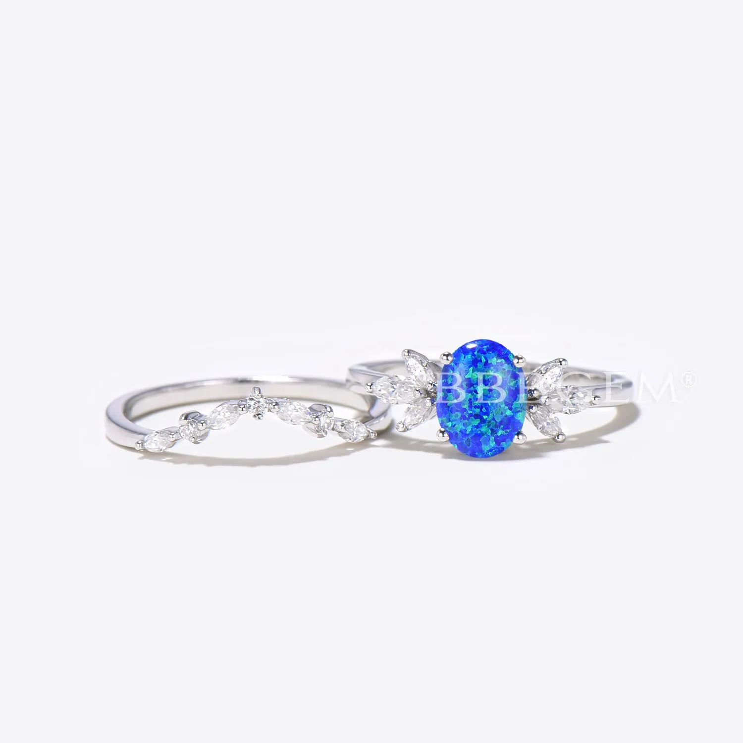 Oval Blue Opal Engagement Ring Set 7 Stone Diamond Bridal Ring Set