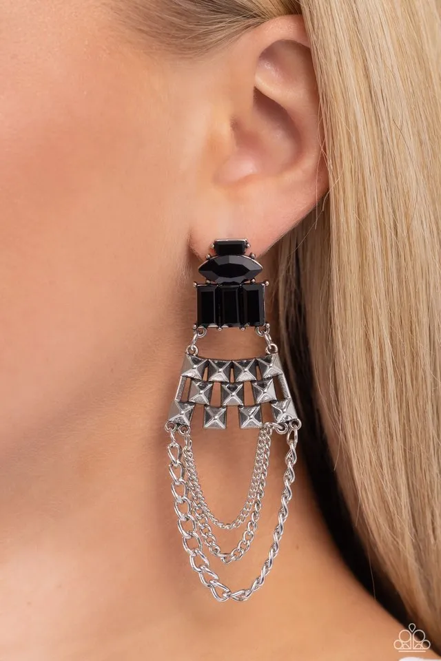 Paparazzi Earring ~ Dangling Art Deco - Black