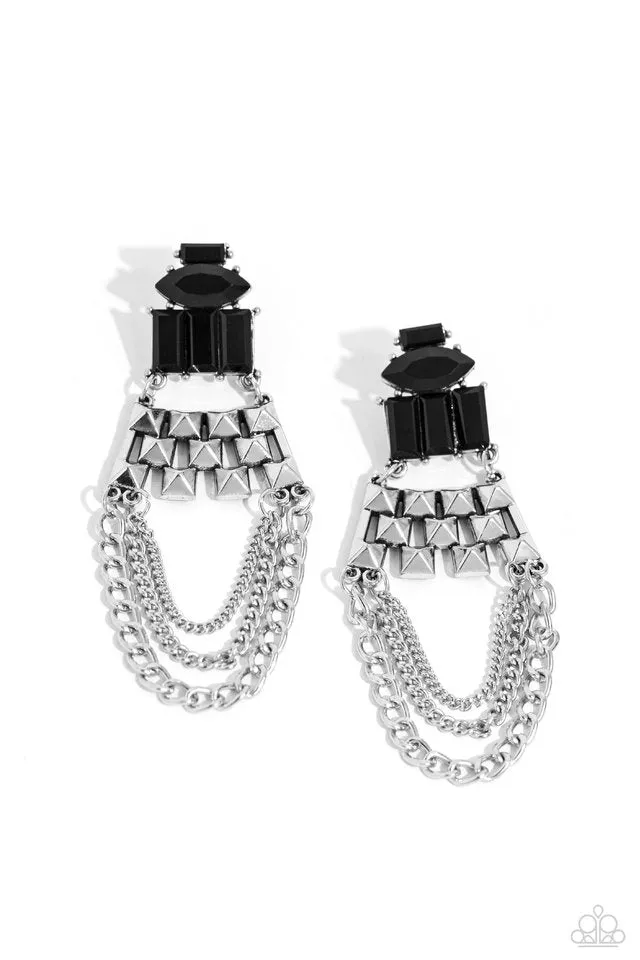 Paparazzi Earring ~ Dangling Art Deco - Black