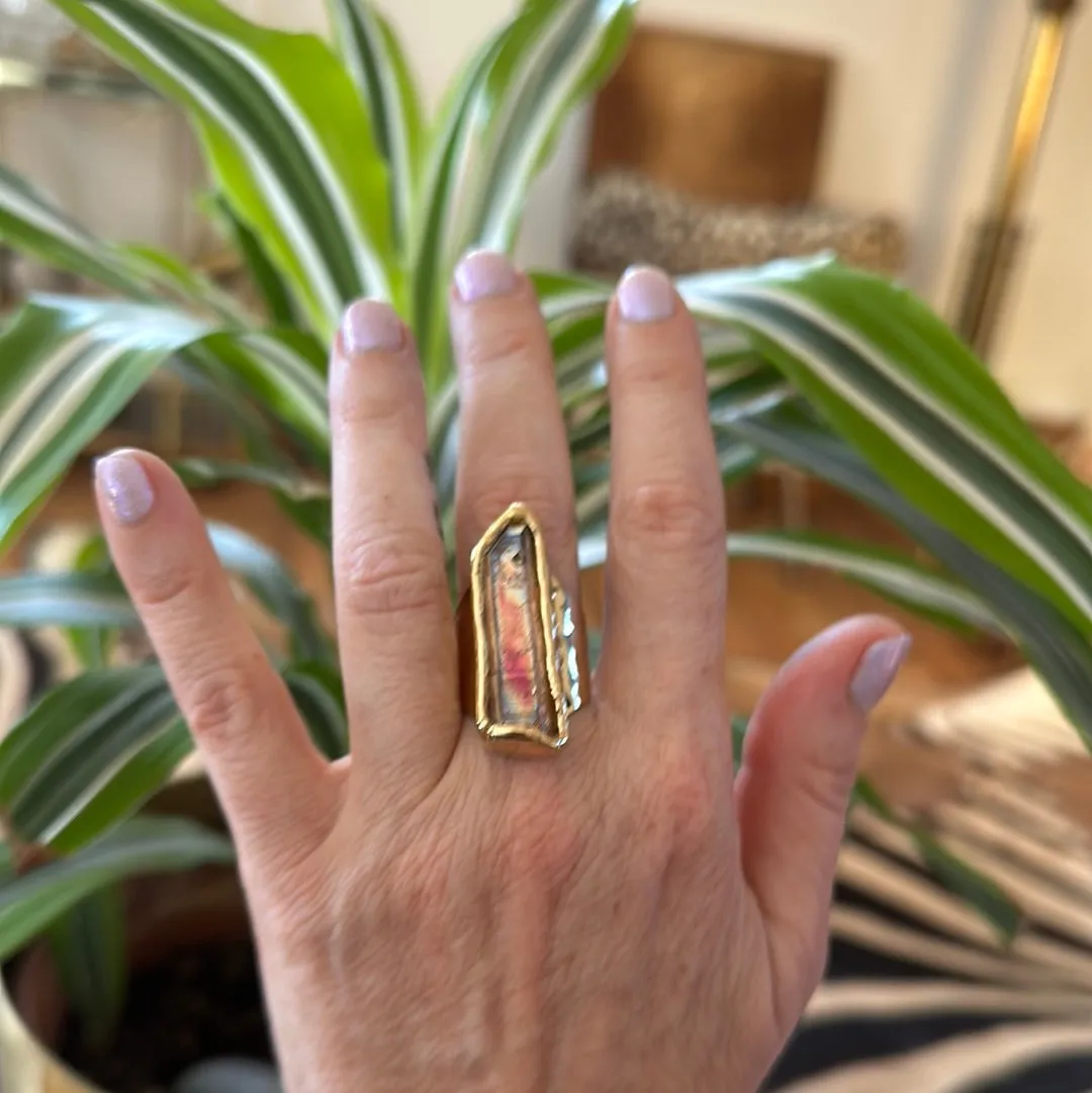 Peach Aura Lemurian Quartz Ring #42