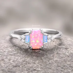 Pink Fire Opal & Opalescent Sapphire Ring- Sterling Silver