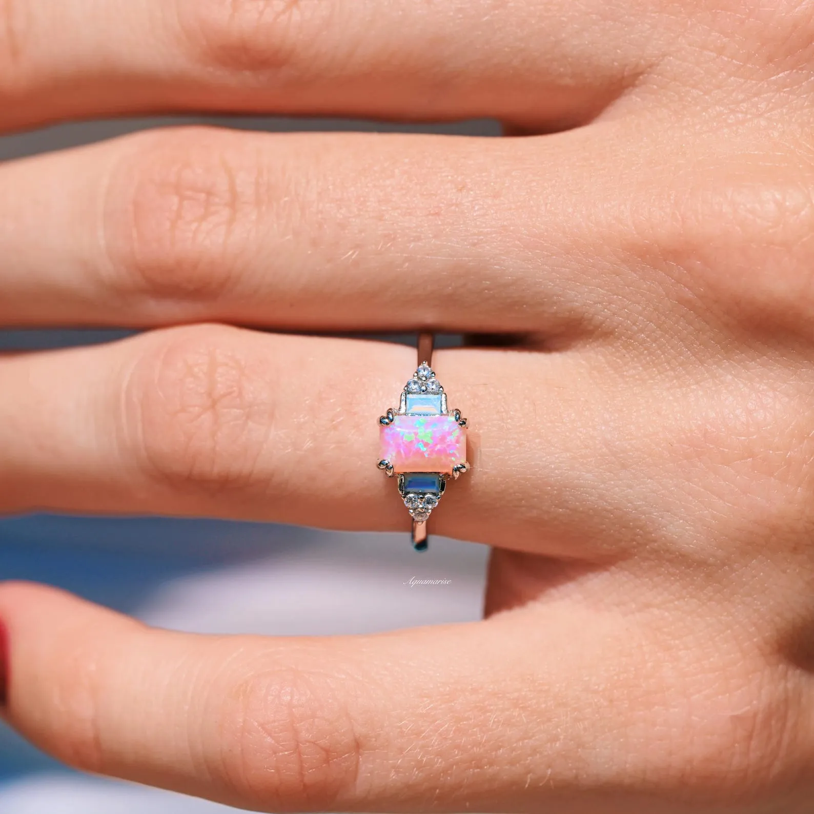 Pink Fire Opal & Opalescent Sapphire Ring- Sterling Silver