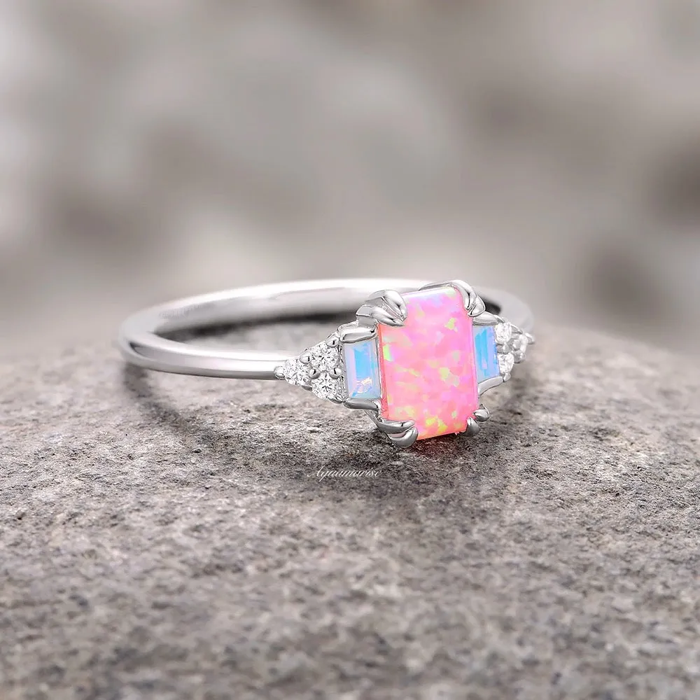 Pink Fire Opal & Opalescent Sapphire Ring- Sterling Silver