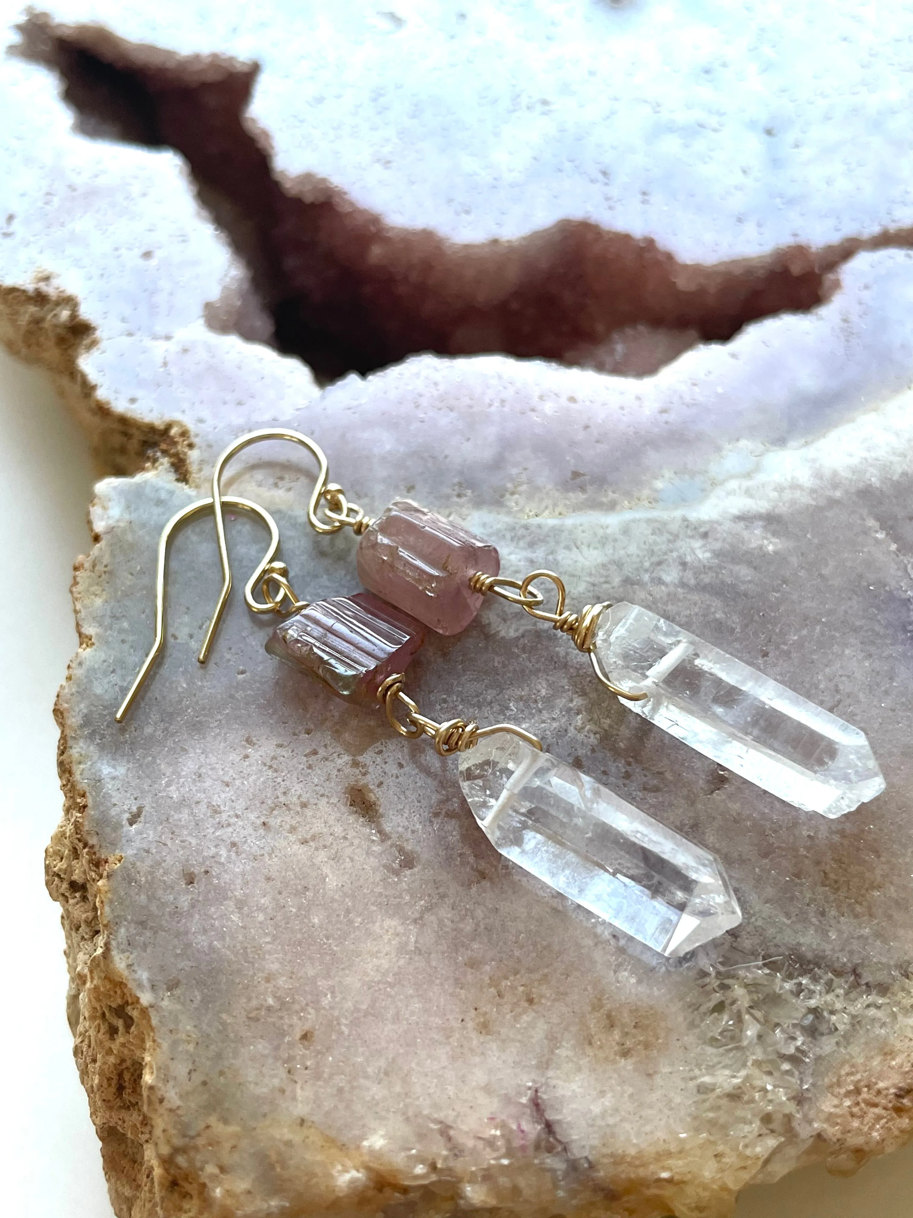 Pink Tourmaline and Raw Clear Quartz Crystal Earrings on Gold fill