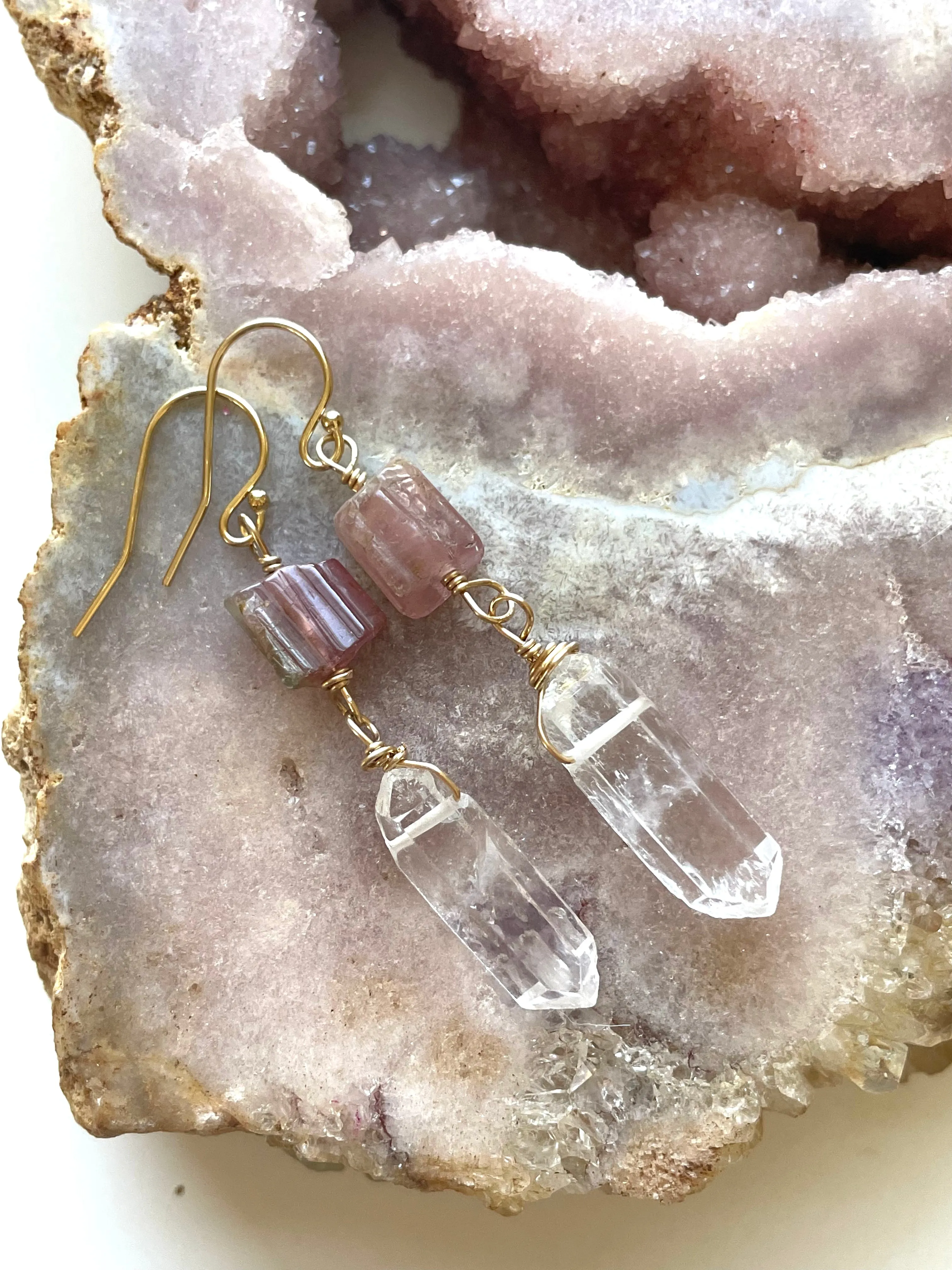 Pink Tourmaline and Raw Clear Quartz Crystal Earrings on Gold fill