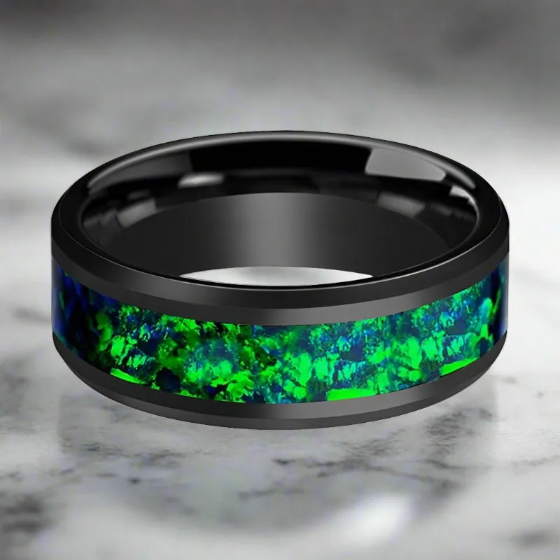 PULSAR | Black Ceramic Ring, Emerald Green & Sapphire Blue Opal Inlay, Beveled