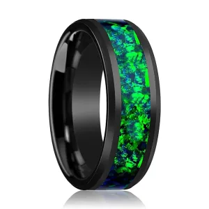 PULSAR | Black Ceramic Ring, Emerald Green & Sapphire Blue Opal Inlay, Beveled