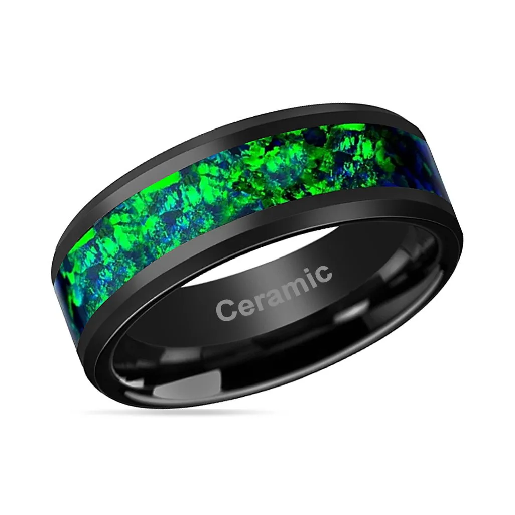 PULSAR | Black Ceramic Ring, Emerald Green & Sapphire Blue Opal Inlay, Beveled