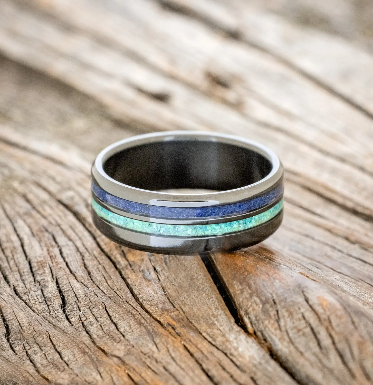 "COSMO" - LAPIS LAZULI WITH MALACHITE & OPAL MIX WEDDING RING - BLACK ZIRCONIUM - SIZE 11 1/2