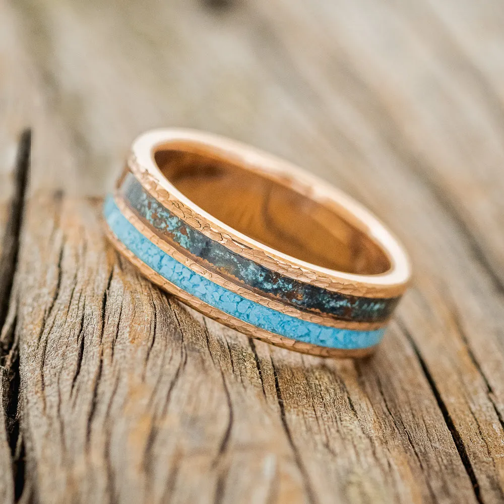 "DYAD" - HAMMERED TURQUOISE & PATINA COPPER WEDDING BAND - 14K ROSE GOLD (6MM) - SIZE 6 1/4