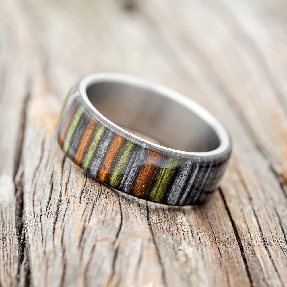 "HAVEN" - GREY, GREEN & BROWN DYED BIRCH WOOD WEDDING RING - TITANIUM - SIZE 10