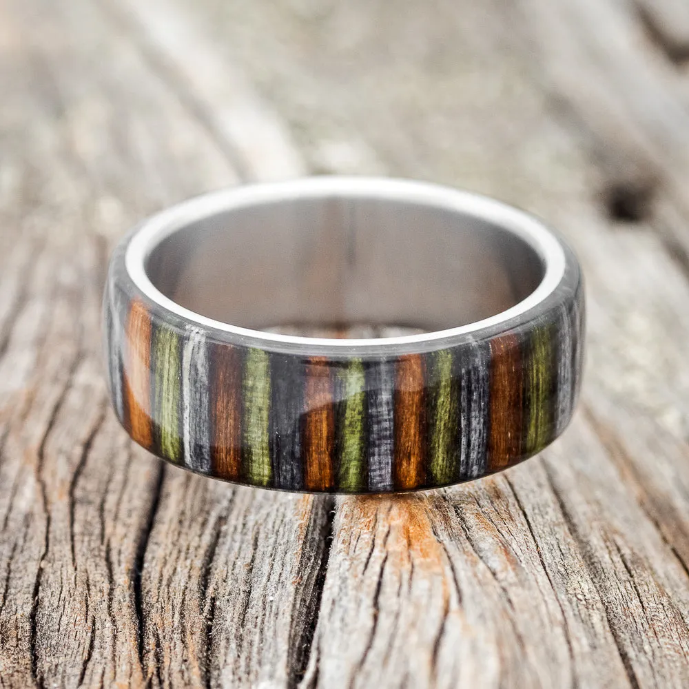 "HAVEN" - GREY, GREEN & BROWN DYED BIRCH WOOD WEDDING RING - TITANIUM - SIZE 10