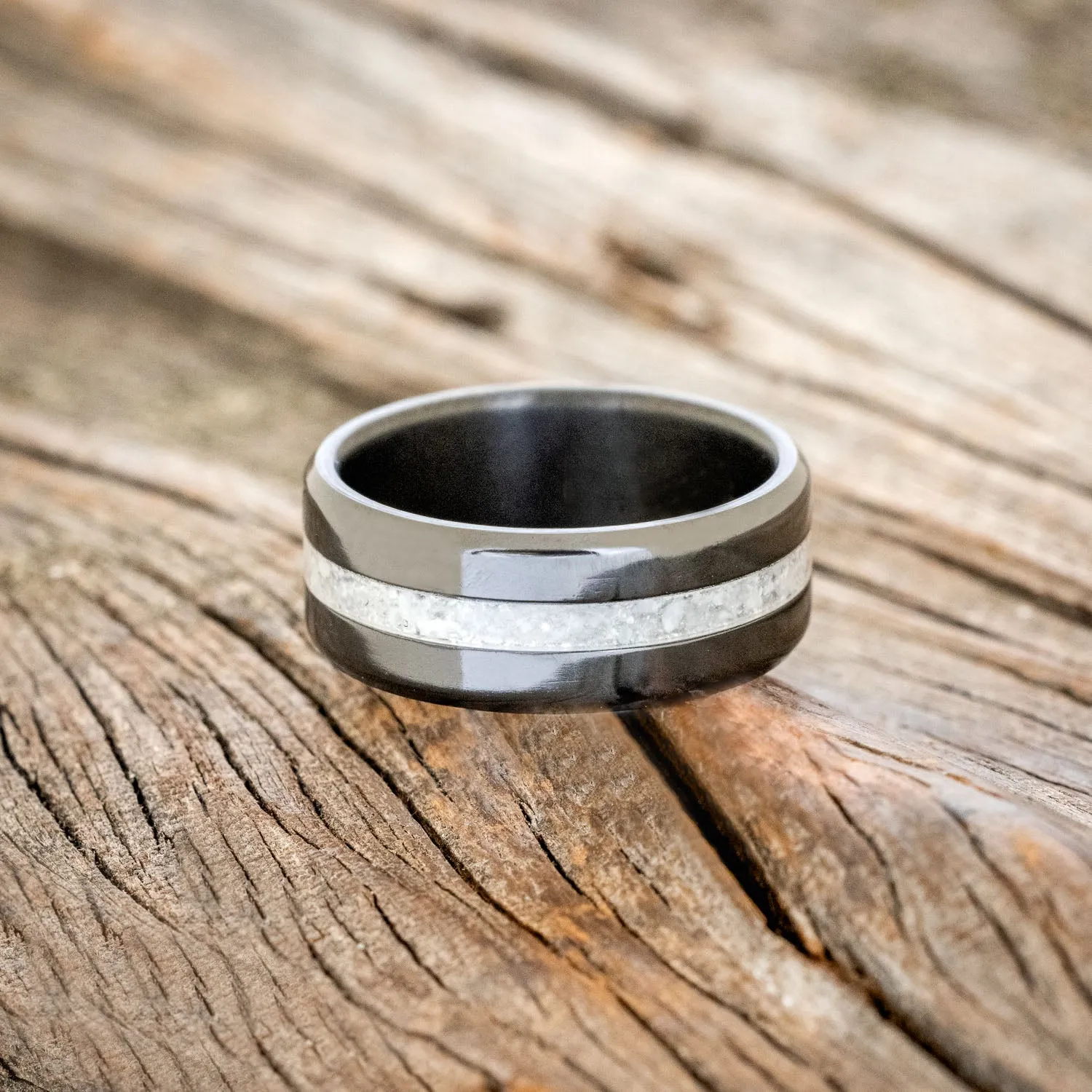 "NIRVANA" - CENTERED GRANITE WEDDING BAND - BLACK ZIRCONIUM - SIZE 8 1/2