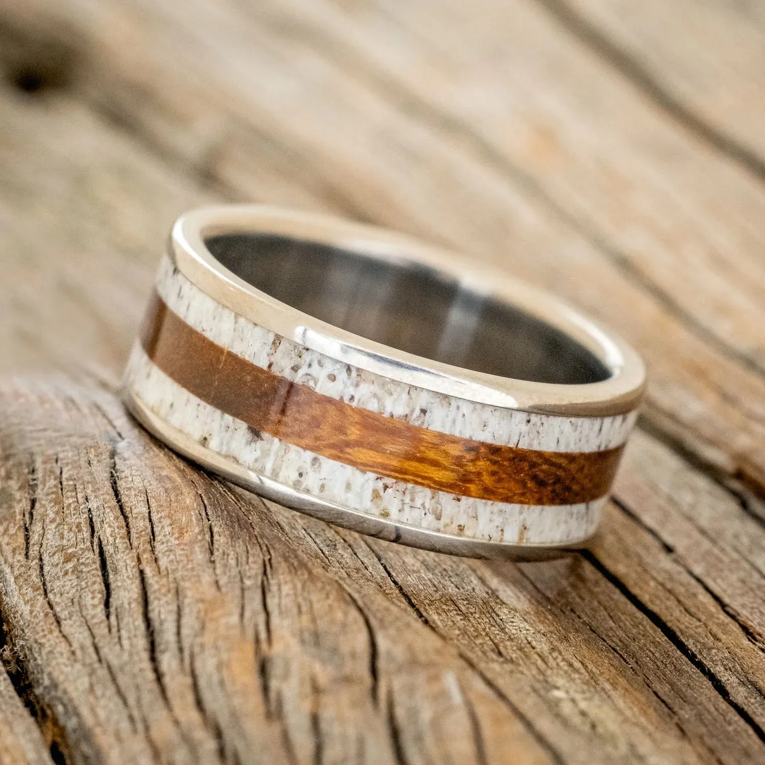 "RAINIER" - ANTLER & IRONWOOD WEDDING BAND - TITANIUM - SIZE 7