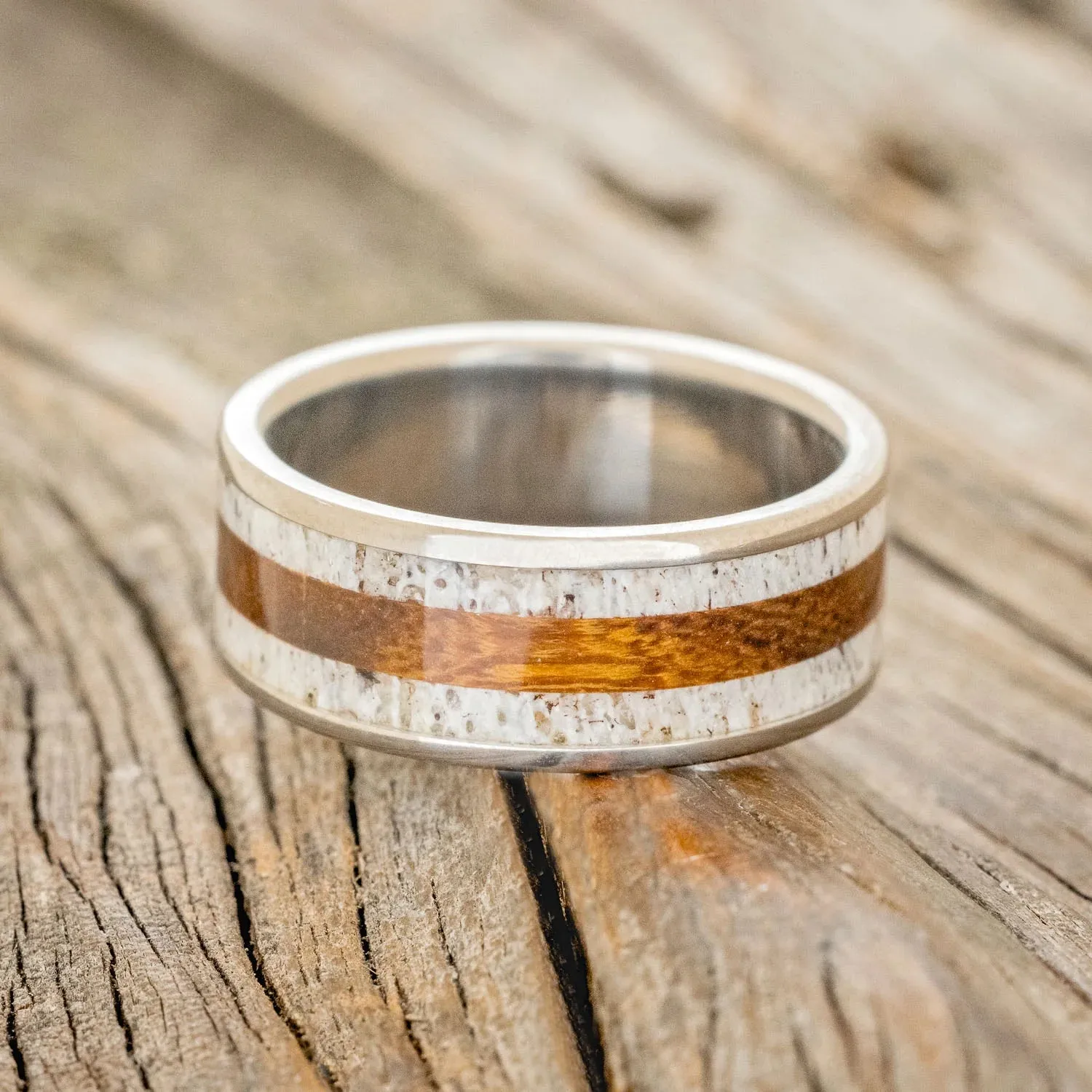 "RAINIER" - ANTLER & IRONWOOD WEDDING BAND - TITANIUM - SIZE 7