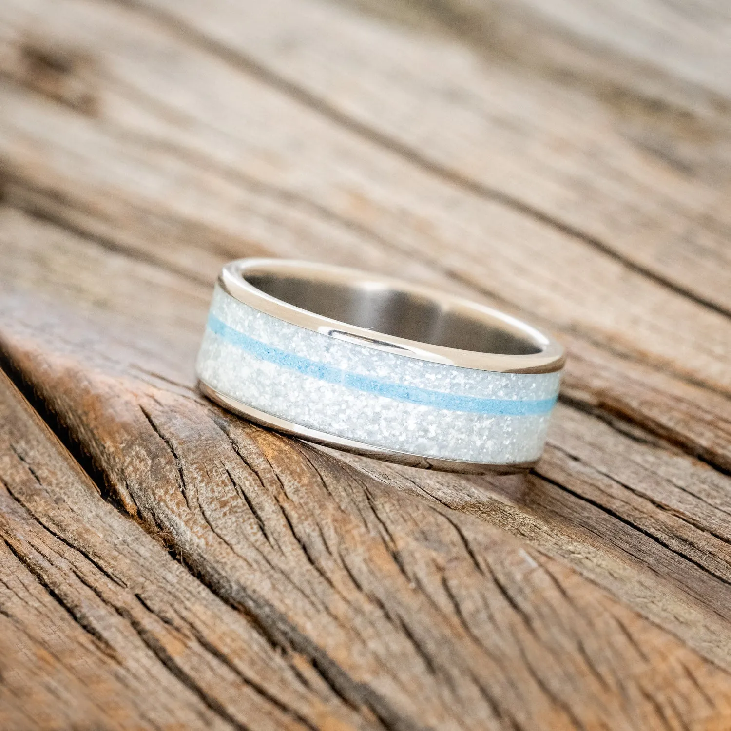 "RAINIER" - DIAMOND DUST & TURQUOISE WEDDING BAND - TITANIUM - SIZE 10