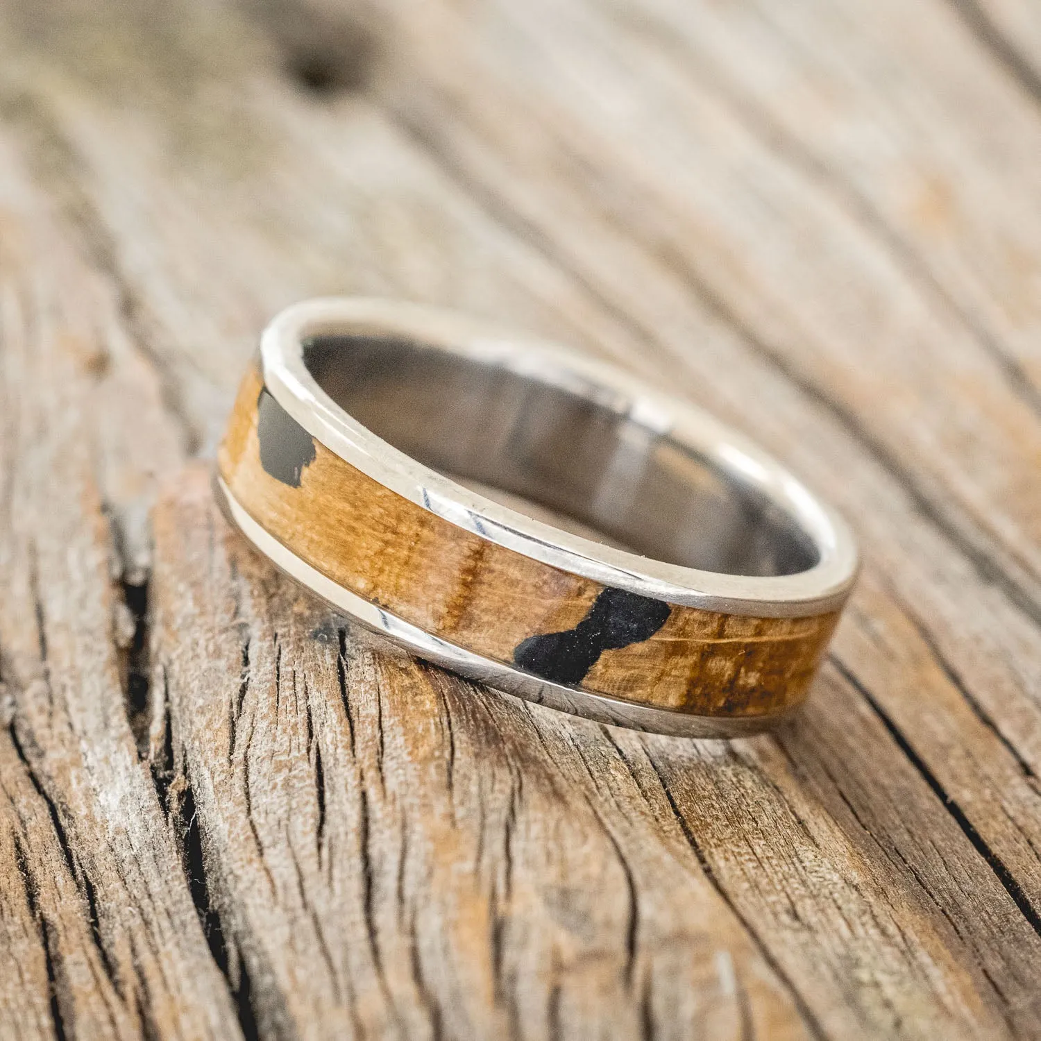 "RAINIER" - WHISKEY BARREL OAK & CHARRED WHISKEY BARREL WEDDING BAND - TITANIUM (6MM) - SIZE 10 1/4