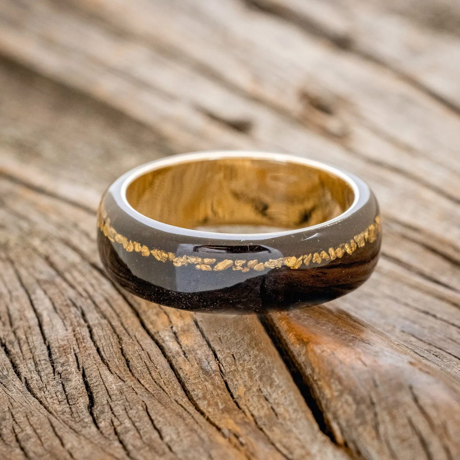 "REMMY" - AFRICAN BLACK WOOD & GOLD NUGGETS WEDDING BAND - 14K YELLOW GOLD - SIZE 12 3/4