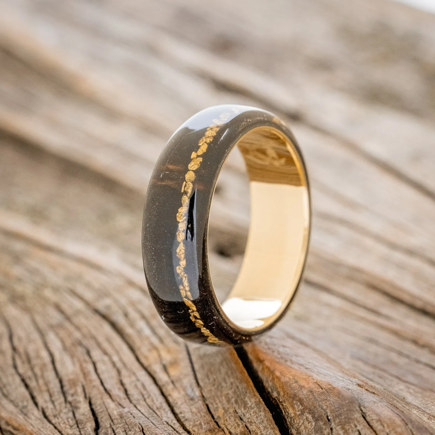 "REMMY" - AFRICAN BLACK WOOD & GOLD NUGGETS WEDDING BAND - 14K YELLOW GOLD - SIZE 12 3/4