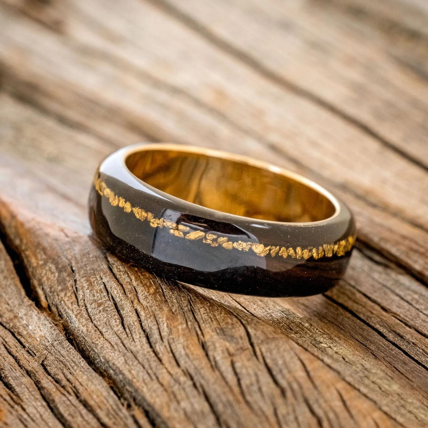 "REMMY" - AFRICAN BLACK WOOD & GOLD NUGGETS WEDDING BAND - 14K YELLOW GOLD - SIZE 12 3/4