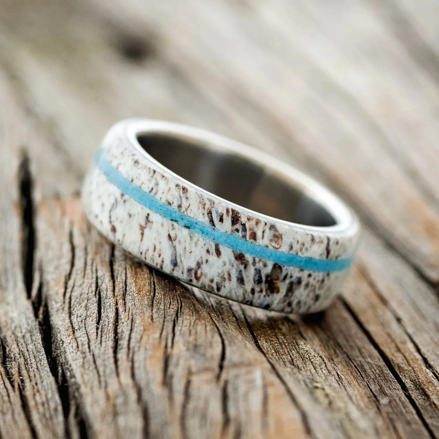 "REMMY" - TURQUOISE & ANTLER WEDDING RING - BLACK ZIRCONIUM - SIZE 14