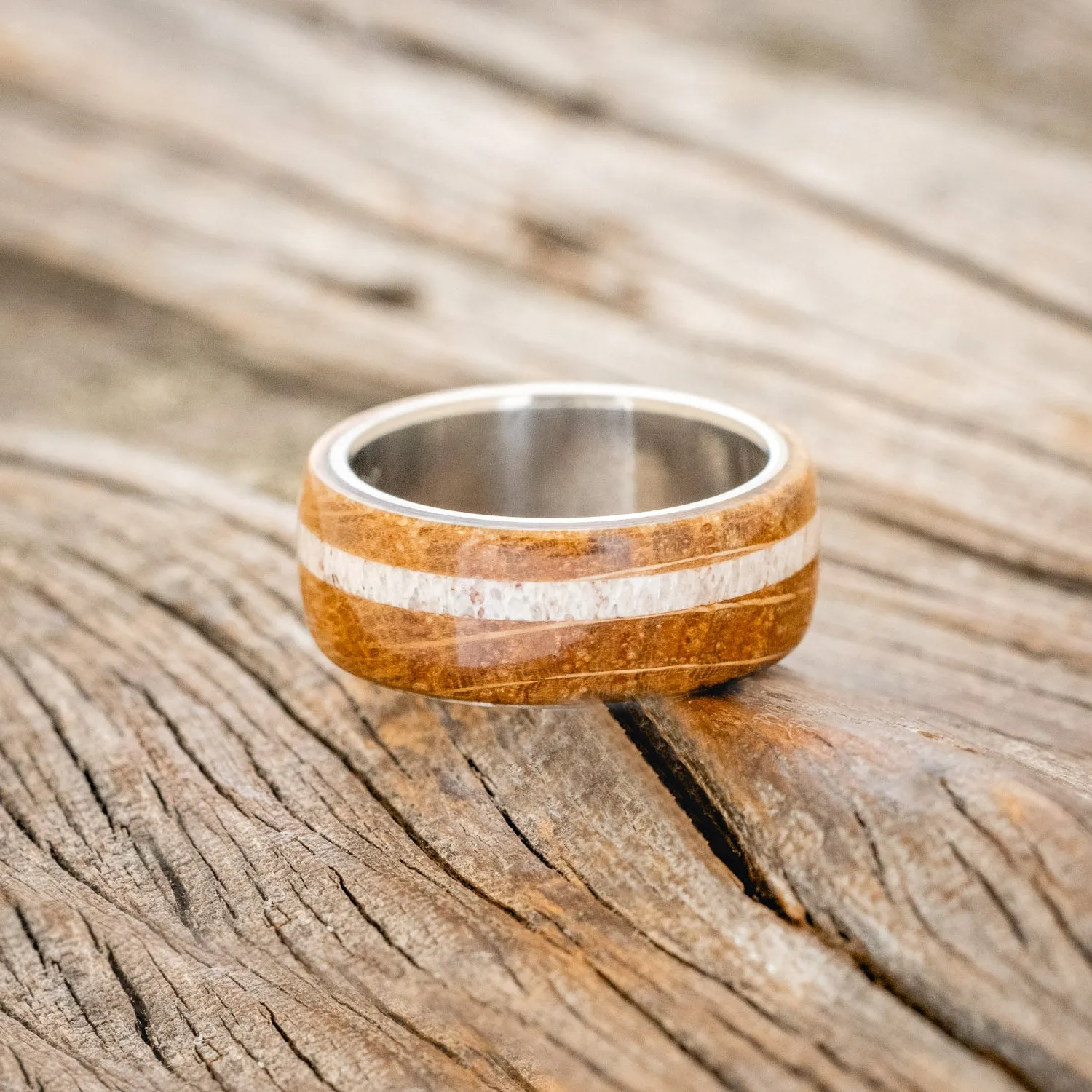 "REMMY" - WHISKEY BARREL OAK & ANTLER WEDDING RING - TITANIUM - SIZE 7