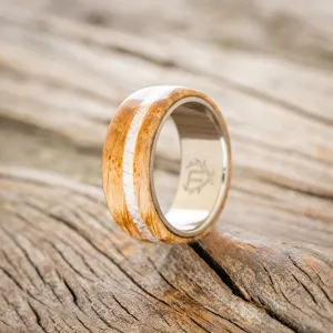 "REMMY" - WHISKEY BARREL OAK & ANTLER WEDDING RING - TITANIUM - SIZE 7