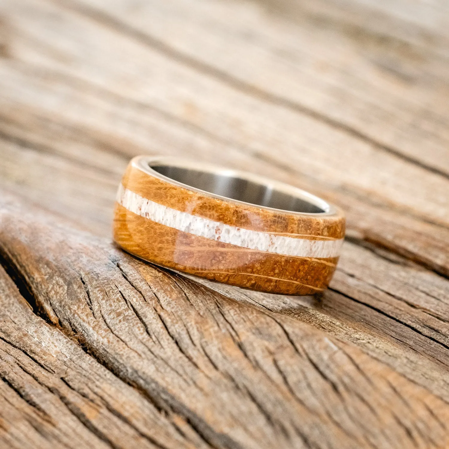 "REMMY" - WHISKEY BARREL OAK & ANTLER WEDDING RING - TITANIUM - SIZE 7