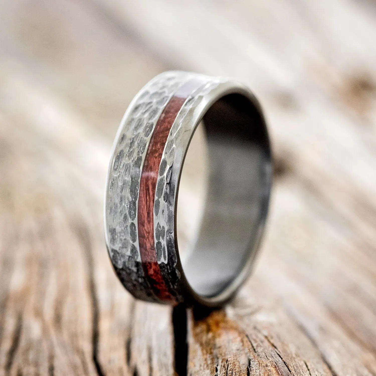 "VERTIGO" - PURPLEHEART WOOD WEDDING BAND WITH HAMMERED FINISH - BLACK ZIRCONIUM - 7 1/2