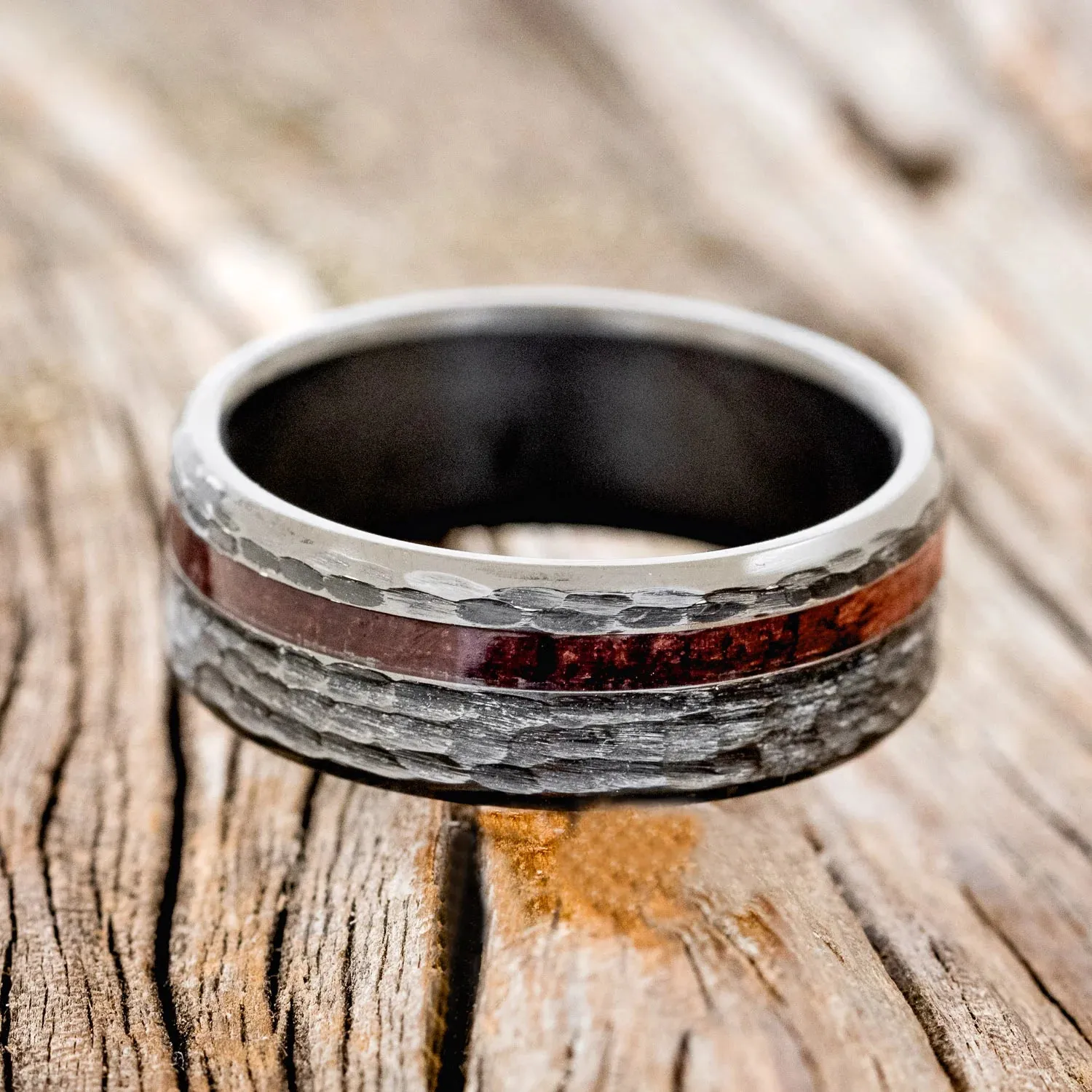 "VERTIGO" - PURPLEHEART WOOD WEDDING BAND WITH HAMMERED FINISH - BLACK ZIRCONIUM - 7 1/2