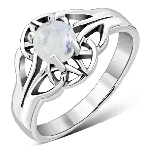 Rainbow Moonstone Celtic Knot Silver Ring