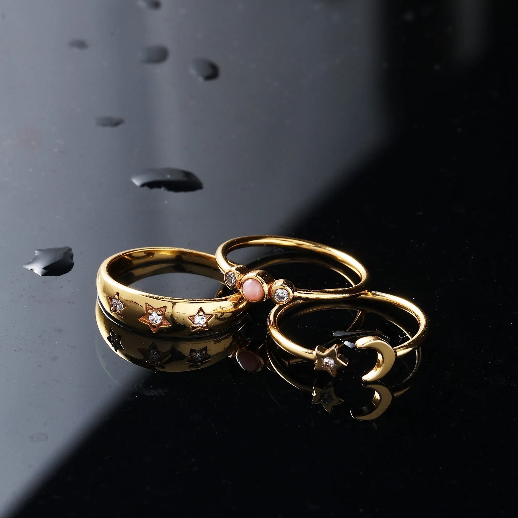 Real Gold Plated Z Set of 3 Celestial Stacking Rings For Women By Accessorize London-Medium