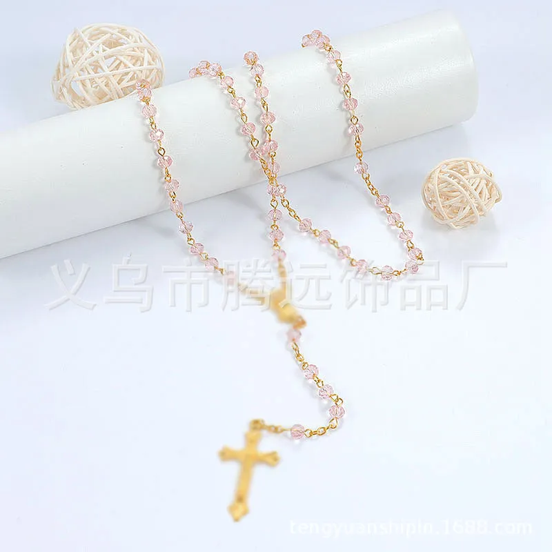 rosary necklace colorful pink crystal necklace