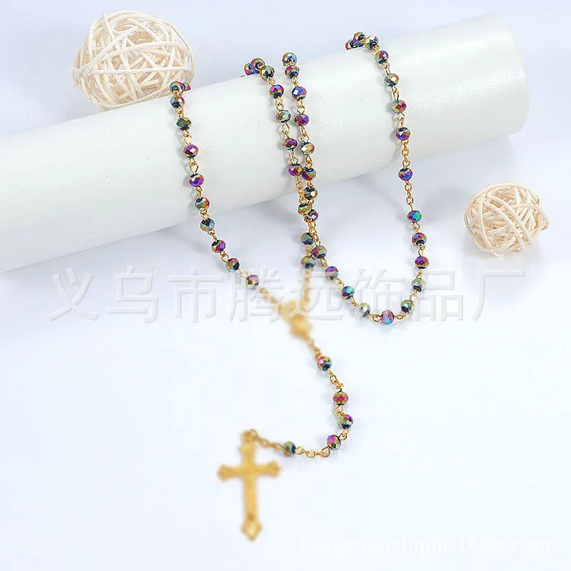 rosary necklace colorful pink crystal necklace