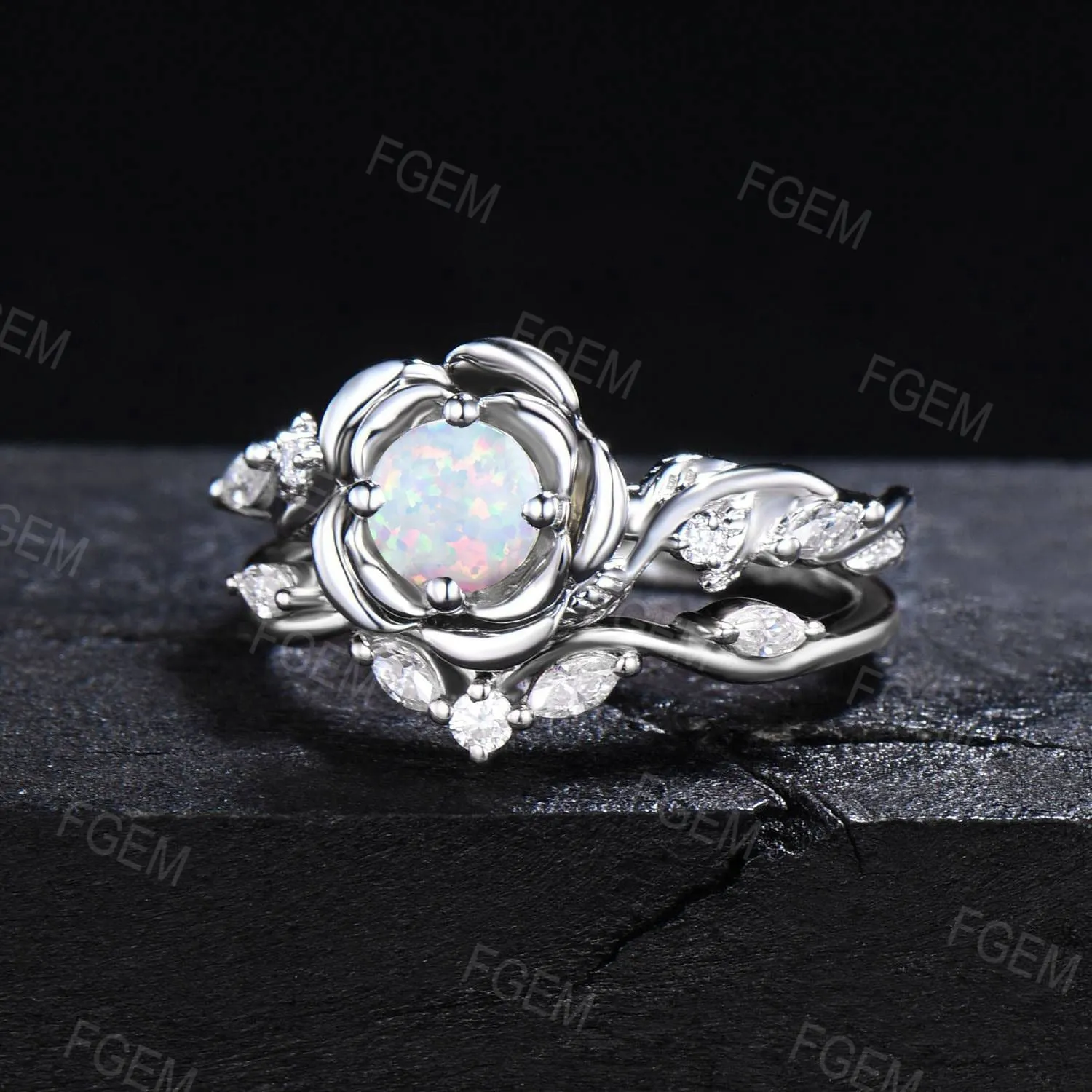 Rose Flower Opal Engagement Ring Set 5mm Round Opal Bridal Set White Gold Floral Ring Nature Inspired Entangled Vine Ring Women Gift